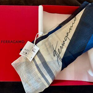 Salvatore Ferragamo Linen Blend Revers.Mens Stole, NEW NavyScuro, 78.7" x 27.5"